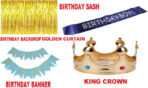 1King Crown 1Sash 1Popper 1Sparkle 1Topper 30Balloon 1Banner 1Gluedot 1Curtain Snow Spray (200 ml, Pack of 39) - Image 2