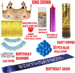 1King Crown 1Sash 1Popper 1Sparkle 1Topper 30Balloon 1Banner 1Gluedot 1Curtain Snow Spray (200 ml, Pack of 39)