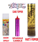 Party Fun 1pc Party Popper 1pc Sparkle Candle 1pc Cake Topper 1 Snow Spray (200 ml, Pack of 4)