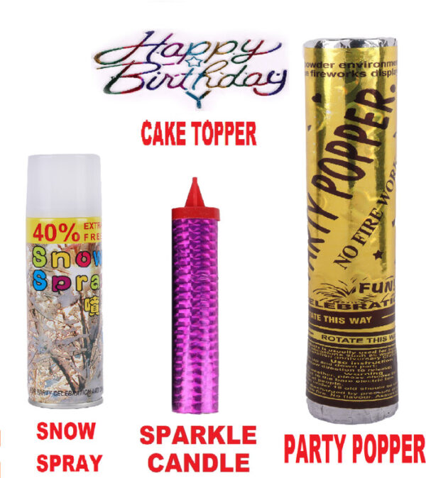 Party Fun 1pc Party Popper 1pc Sparkle Candle 1pc Cake Topper 1 Snow Spray (200 ml, Pack of 4)