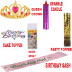 Party Fun Birthday Girl Combo Queen Crown Sash Party Popper Sparkle Candle Topper Snow Spray (200 ml, Pack of 6)